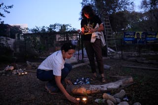 Residents of the Kfar Aza kibbutz gather to commemorate the second anniversary of the 7 October Hamas attacks